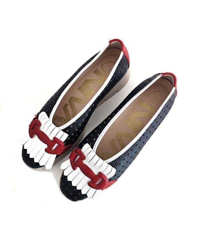 Mocasines marineros mujer piel azul blanco rojo Nival Rock 10