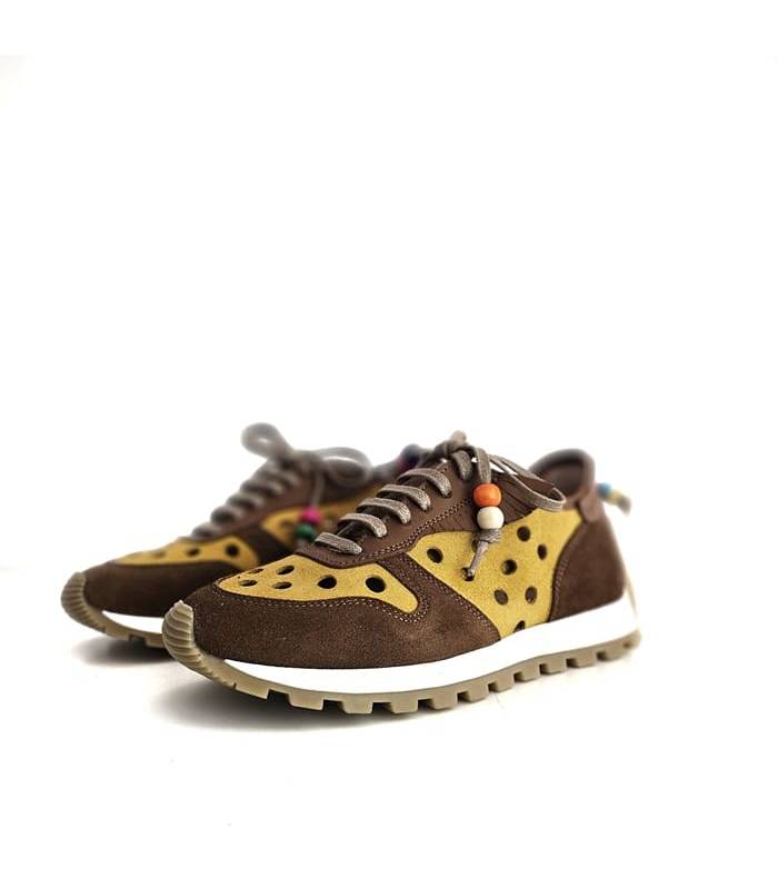 zapatos deportivos mujer Nival piel marrón y amarilla verano