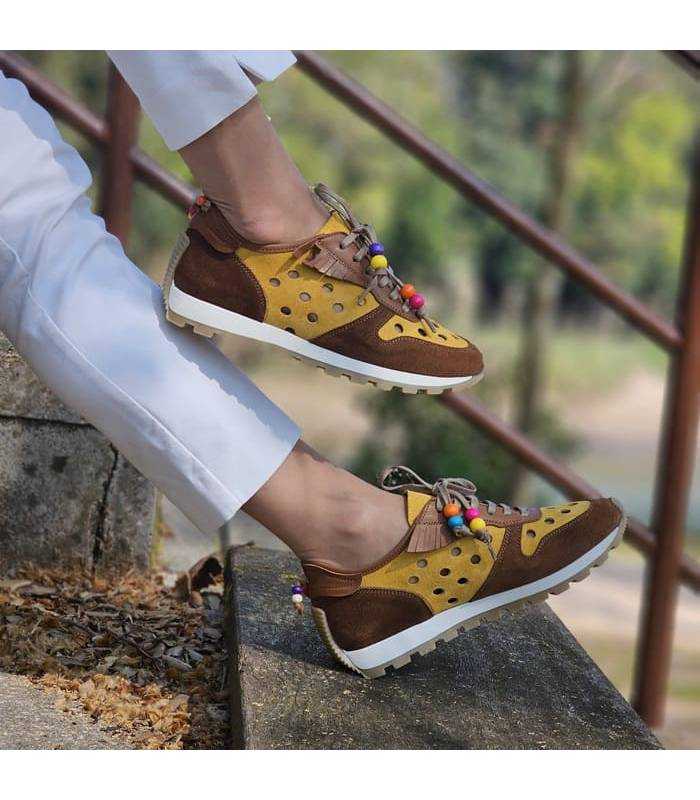 zapatos deportivos mujer Nival piel marrón y amarilla verano puestos
