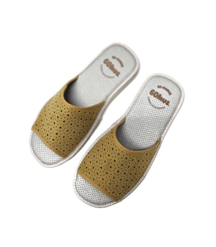 zapatillas gomos mujer abiertas mostaza perforadas verano