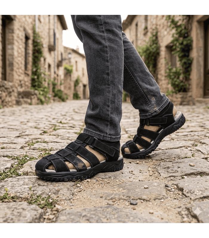hombre posando enun entorno rural con las sandalias cerradas de hombre puestas negras
