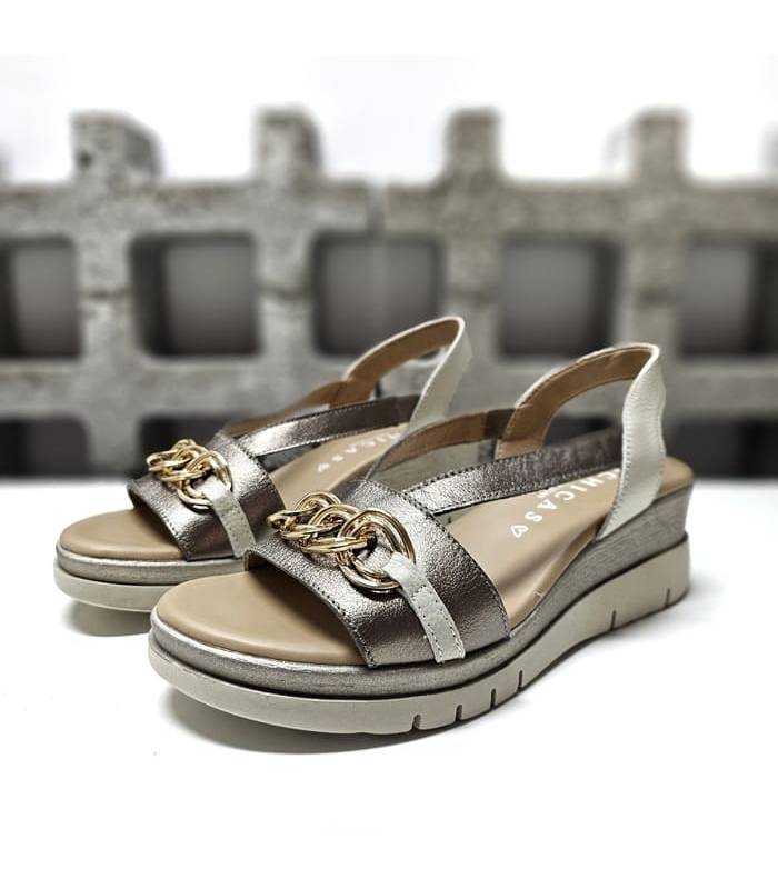 sandalias cuña mujer piel metalizadas DChicas