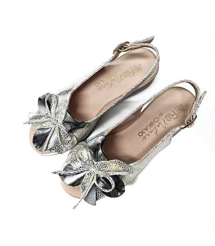 sandalias piel mujer cuña dorada flor de rebajas