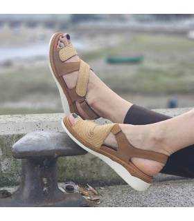 sandalias cómodas mujer piel marrón velcro puestas de rebajas