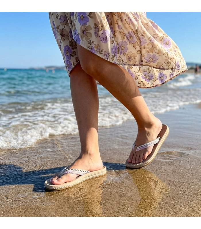 chanclas mujer cómodas playa Nicoboco beige puestas pasenado en la orilla del mar