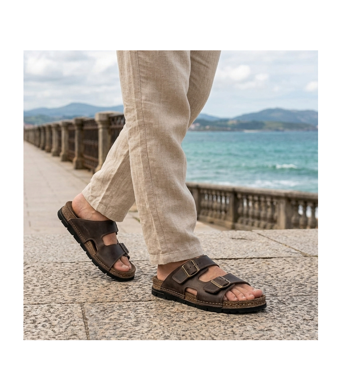 Sandalias hombre piel marrón dos hebillas Zen cómodas puestas