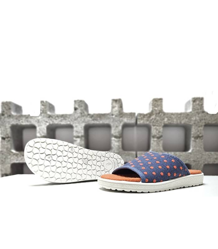 zapatillas casa mujer abiertas Plumaflex rizo azul topos naranja suela