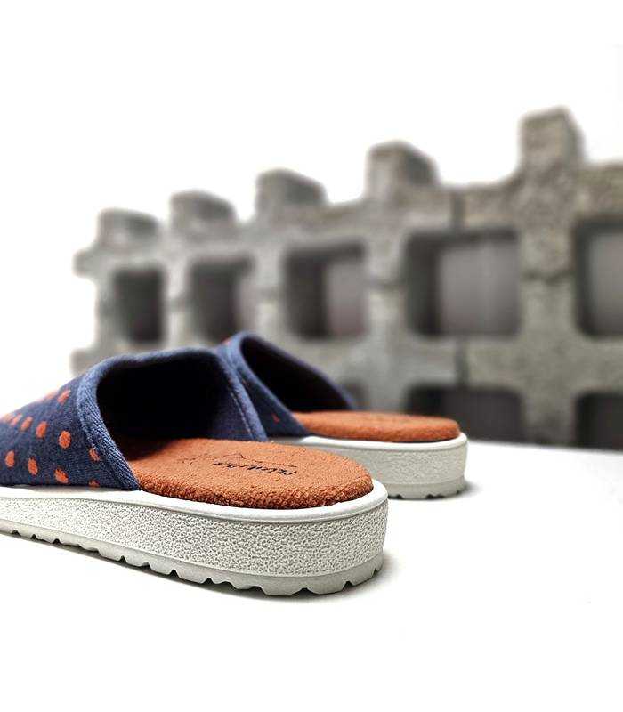 zapatillas mujer Plumaflex verano rizo azul con topos naranja