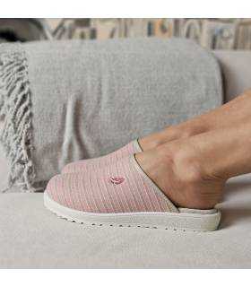 Zapatillas casa mujer verano chinela rayas rosa Plumaflex puestas
