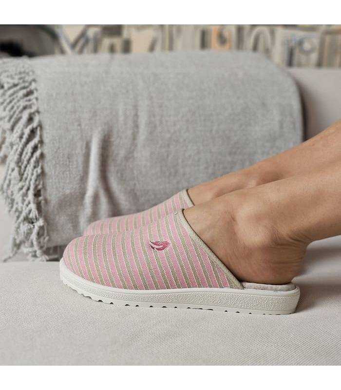 Zapatillas casa mujer verano chinela rayas rosa Plumaflex puestas
