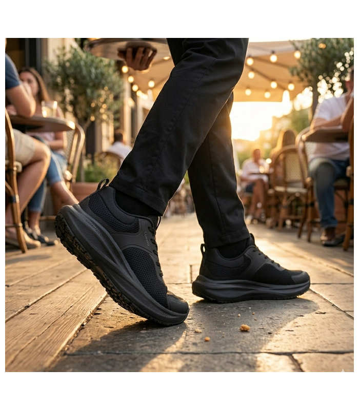 Zapatillas cómodas hombre negras Luisetti antideslizantes puestas en un camarero