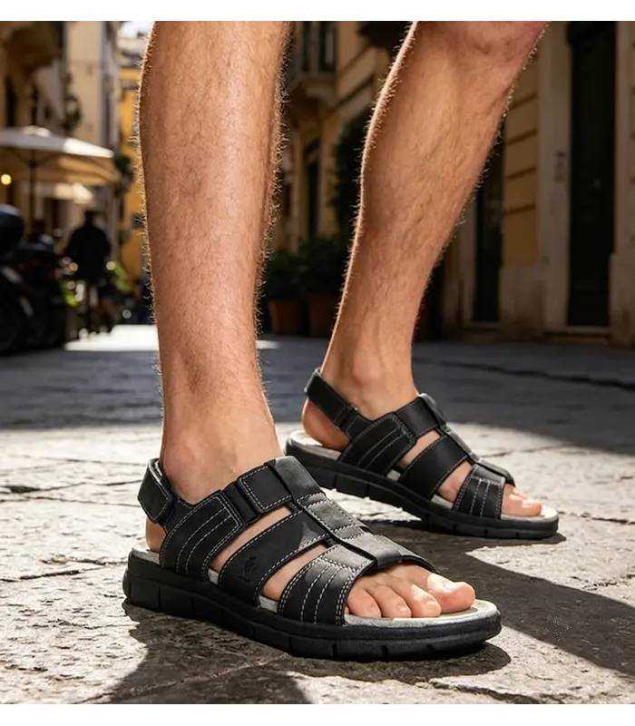 Sandalias hombre piel negra Vicmart comodas de rebajas puestas