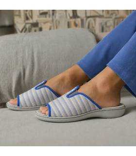 Zapatillas casa mujer verano cuña algodón rayas azul puestas