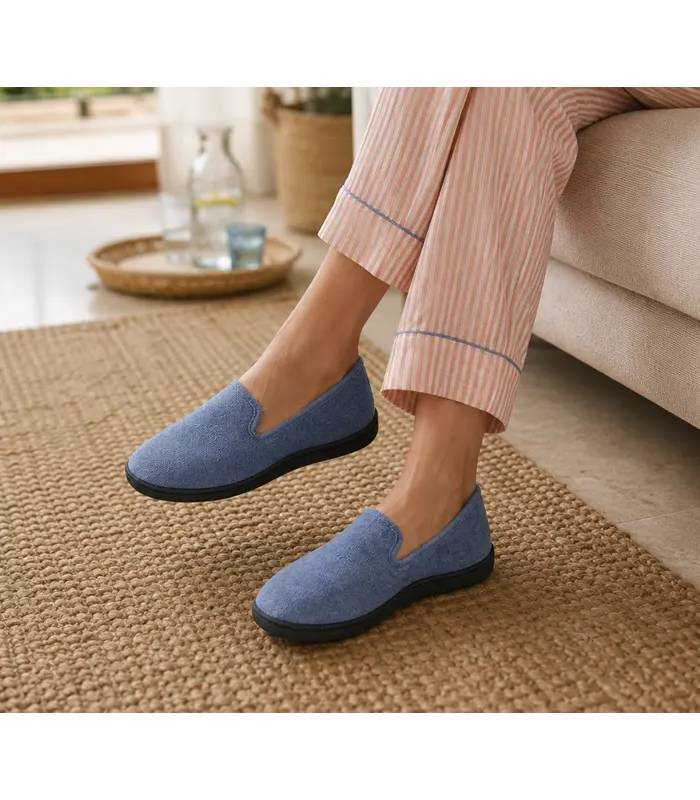 Zapatillas casa mujer verano rizo azul Plumaflex comodas puestas