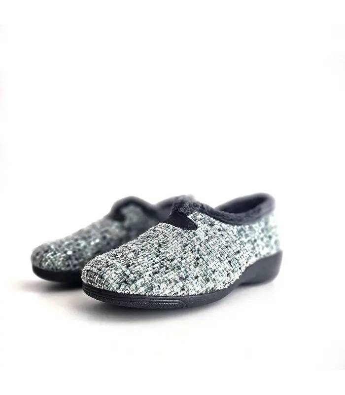 Vista frontal de zapatillas Cabrera para mujer con tejido jaspeado gris y negro