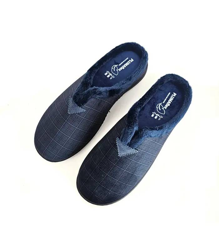 Vista superior de zapatillas Plumaflex para hombre con tejido de cuadros y plantilla suave azul