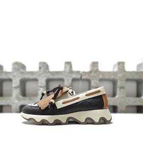Perfil exterior de mocasín Nival mujer con pala camel y plataforma crema ondulada