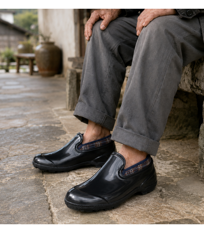 chanclos flexibles negros puestos con zapatillas de casa en un hombre