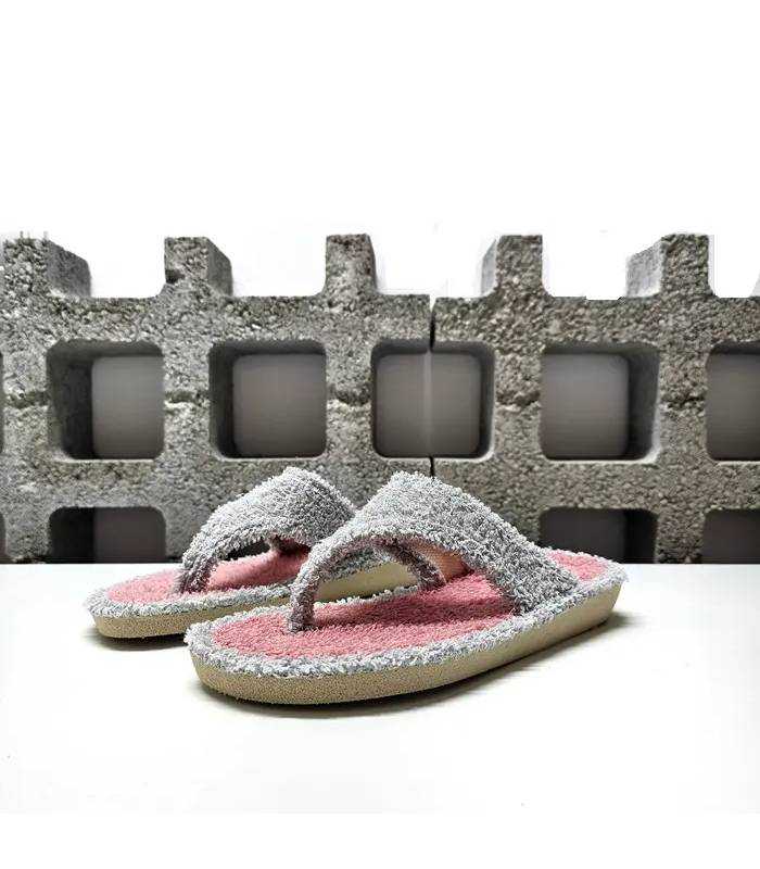 Zapatillas esclava Cabrera mujer en rizo gris perla y rosa con piso ligero para parquet