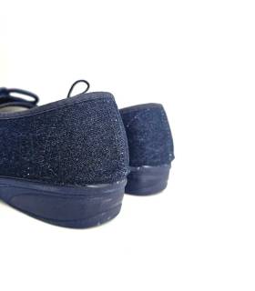 Vista trasera de zapatillas Alcalde mujer en lona azul con talón cerrado y cuña integrada