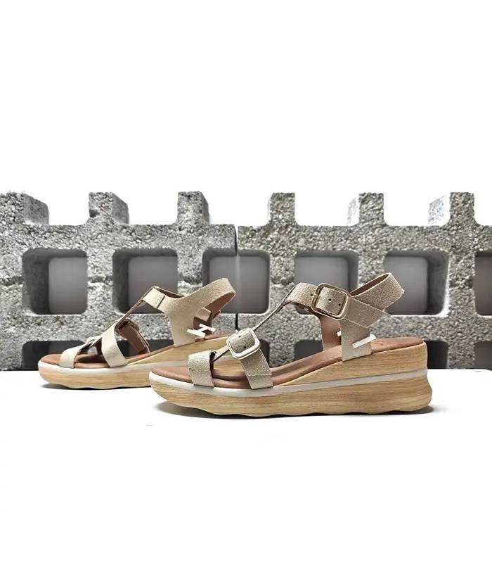 sandalias cómodas mujer cuña piel beige
