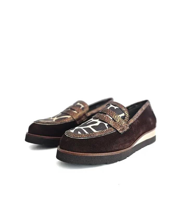 mocasines mujer piel invierno Nival detalle combinación piel jirafa y bronce