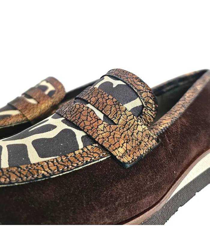 mocasines cómodos mujer invierno Nival ante marrón, detalle de combinacion de pieles