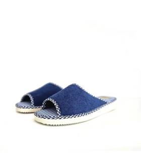 Zapatillas casa mujer verano Pelusín azul marino de rizo abiertas vista lateral