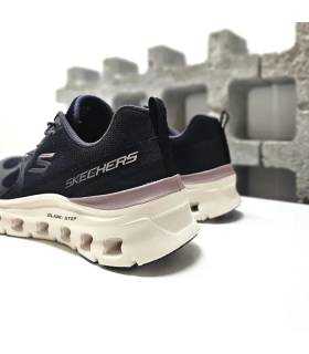 Zapatillas Skechers mujer negras con suela Glide-Step y detalle malva