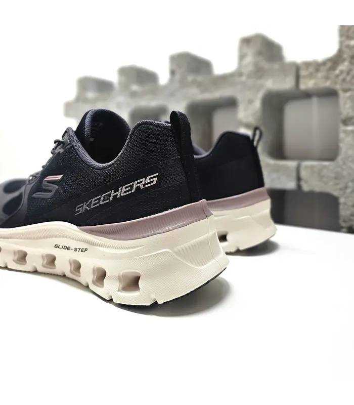 Zapatillas Skechers mujer negras con suela Glide-Step y detalle malva