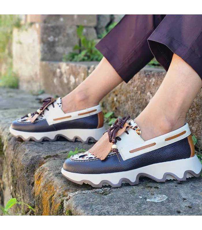 Mocasines náuticos mujer Nival plataforma piel combinada puestos