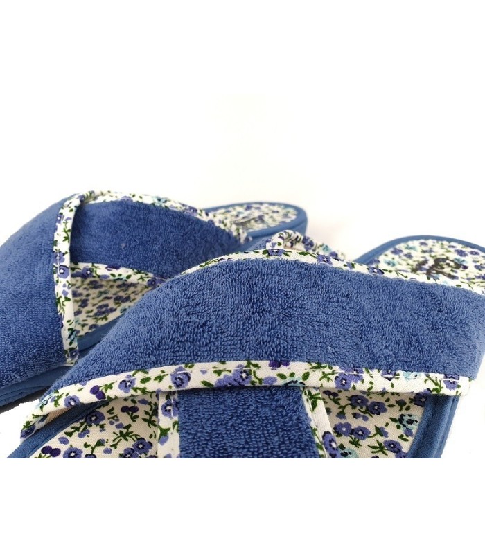 patilla con tiras cruzadas de verano para mujer en tela de toalla con cuña de color azul