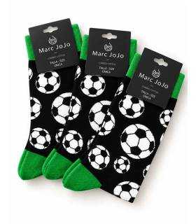 calcetines futbol divertidos Marc JoJo negros con balones blancos y puntera verde