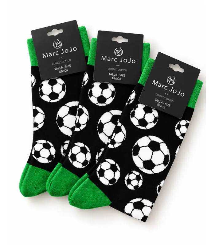 calcetines futbol divertidos Marc JoJo negros con balones blancos y puntera verde