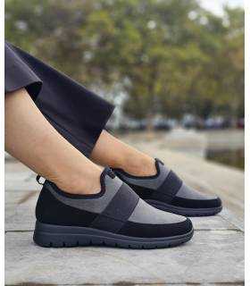 Zapatos mujer horma ancha FlyFlot gris y negro puestos