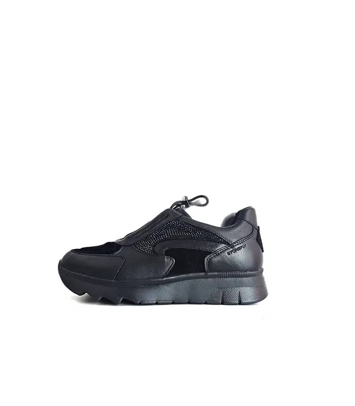 Zapatos mujer sin cordones Stonefly negros vista lateral