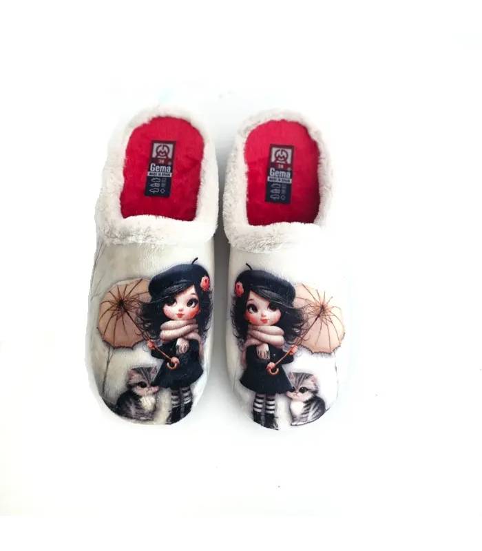 Zapatillas de invierno mujer con dibujos originales y plantilla roja