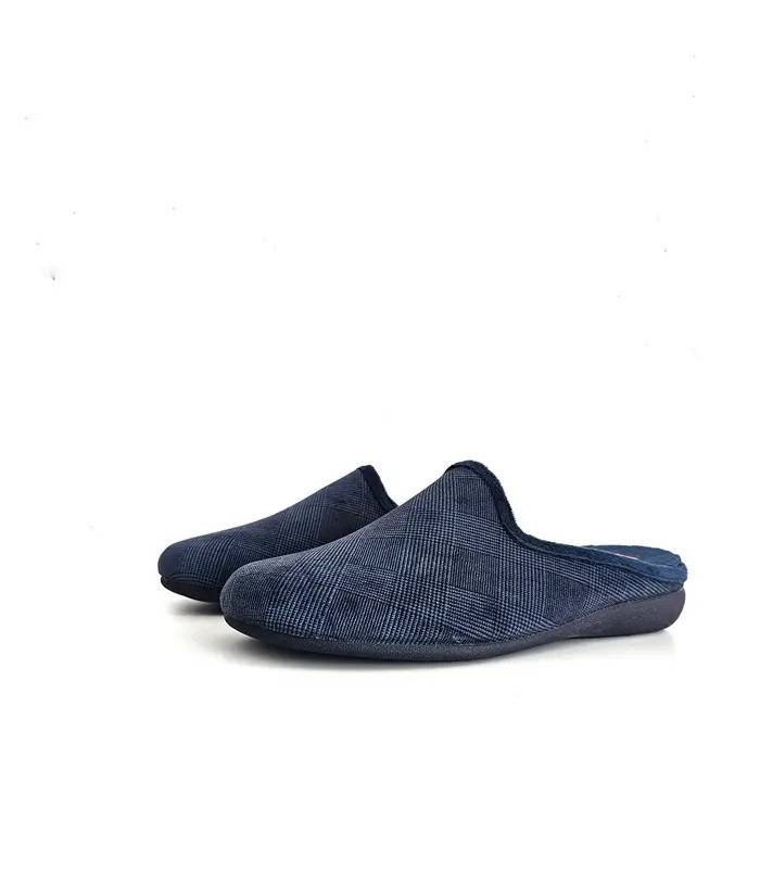 Zapatilla hombre azul de cuadros vista lateral destalonada
