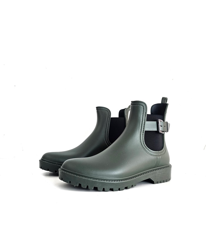 Botines de lluvia mujer Kelara verde caqui con elásticos laterales y suela de goma