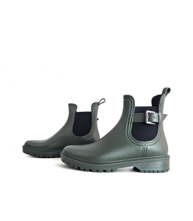 Botines katiuskas cortos mujer Kelara verde caqui estilo Chelsea con hebilla lateral