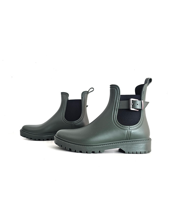 Botines katiuskas cortos mujer Kelara verde caqui estilo Chelsea con hebilla lateral