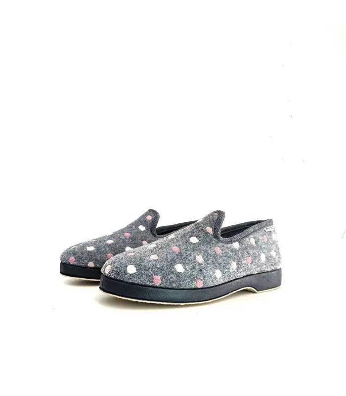Zapatillas de casa cerradas mujer gris antracita con lunares bordados