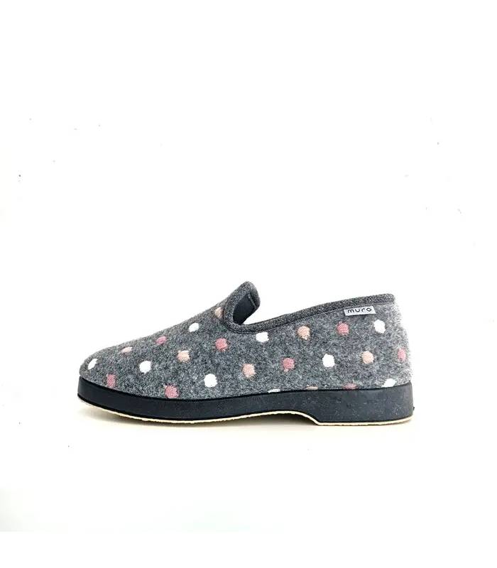 Zapatillas de lana prensada mujer grises con lunares vista lateral