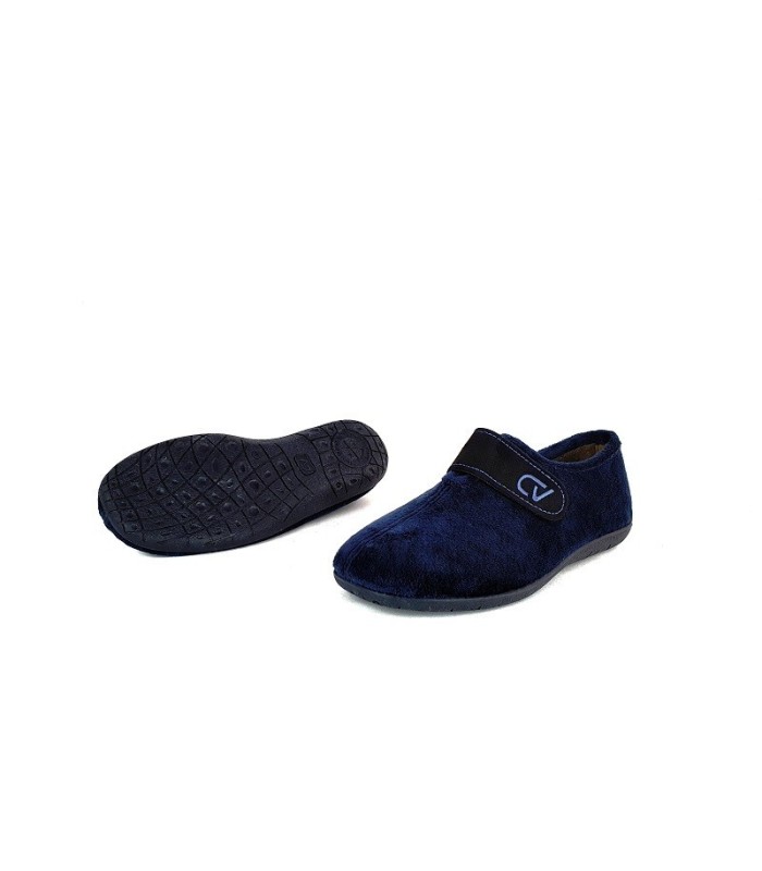 zapatilla de casa para invierno de hombre de color azul marino con cierre de velcro con el logo fabricado por Cabrera