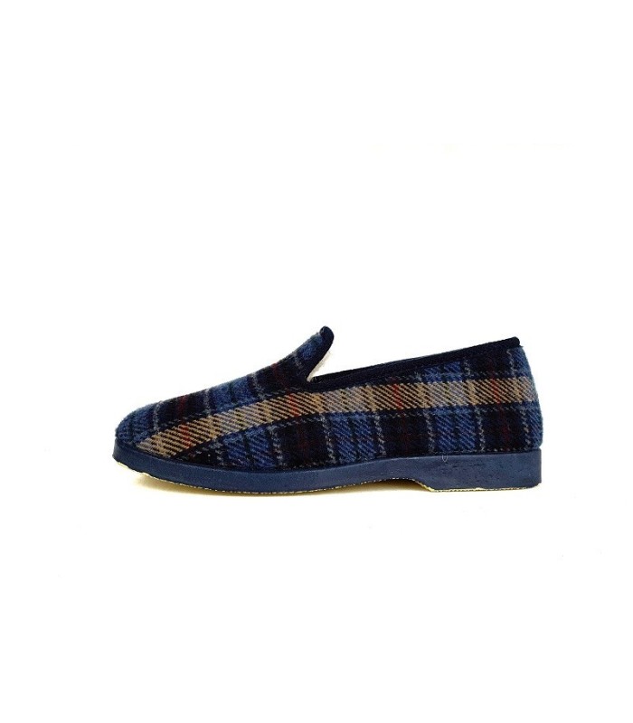 Vista de perfil de la zapatillas clásica de cuadros con lana para hombre de Pelusin azul