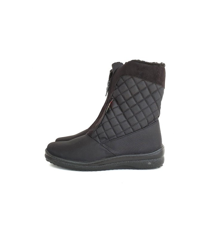 Vista de perfil de la botas negra impermeable Samitex para mujer, mostrando el cierre frontal y el forro de borreguito.